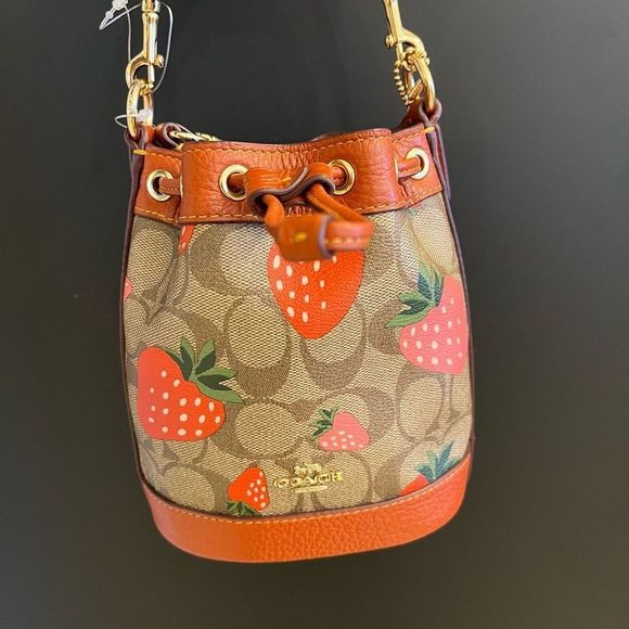 NWT COACH Mini Dempsey Bucket Bag Signature Canvas Wild Strawberry Print CH164 - Picture 2 of 12